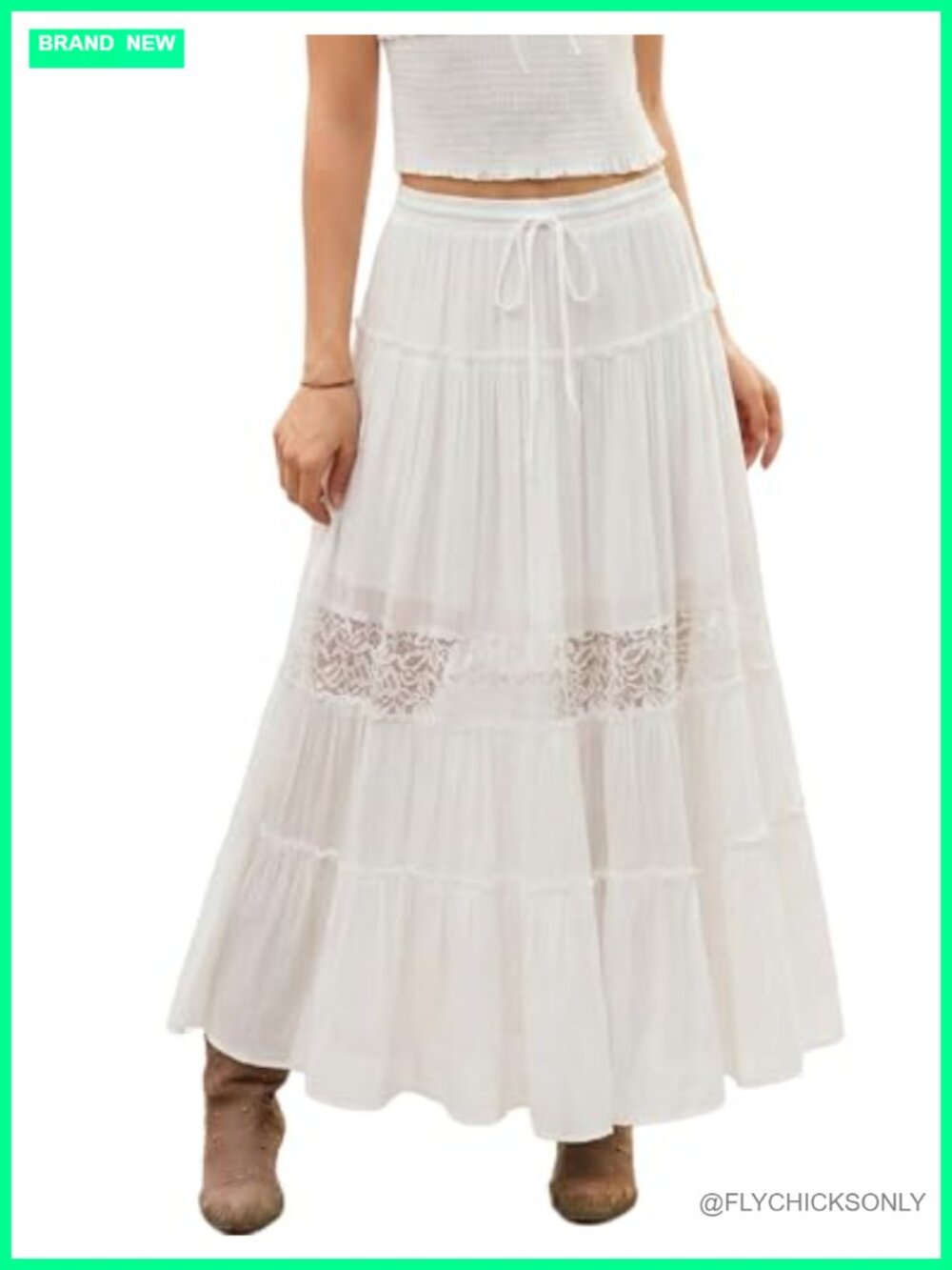 Boho Maxi Skirt Tiered Lace Trim High Waisted Rayon Blend